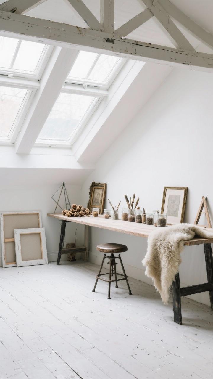 Attic studio medium-wide view under skylights: chalky white painted floors and exposed rafters. A long worktable beneath the skylight scattered with jars of brushes and dried seed pods. Antique frames leaning along a wall, a vintage drafting stool pulled up, and a soft sheepskin throw draped nearby. Palette of milky white, pale putty, soft charcoal. Bright diffused daylight from above, airy creative vibe.