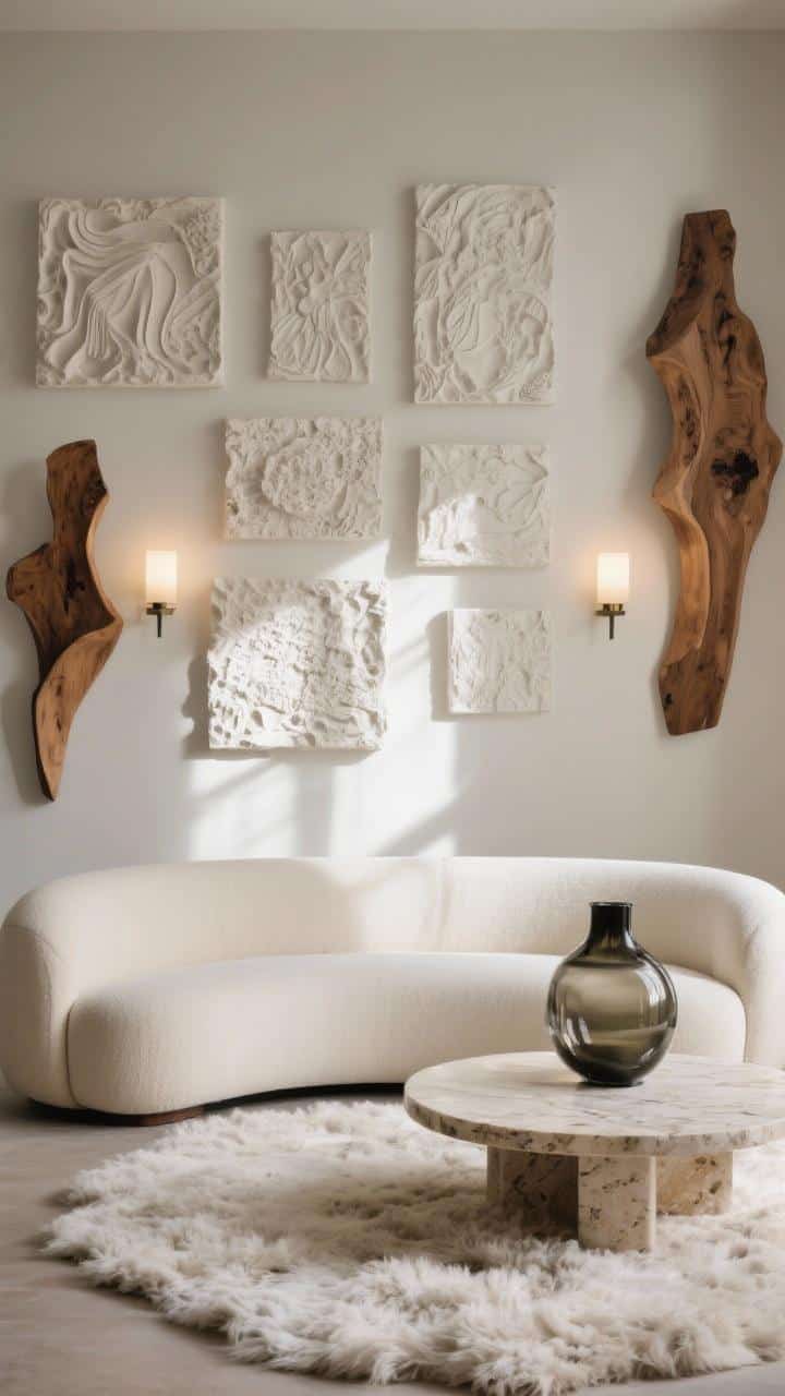 Medium shot emphasizing texture: asymmetrically arranged plaster relief panels and sculptural wood forms on a wall. Wall-washing lights or paired sconces skim across the surface to cast dramatic shadows. In the foreground, a cream curved sofa, round travertine coffee table, shaggy ivory rug, and a smoked glass vase adding a glossy note among the tactile elements.