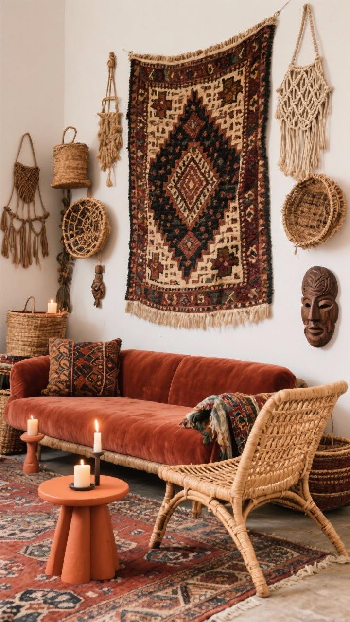 Medium shot focusing on a bohemian textile feature: a dramatic vintage kilim or embroidered textile hanging as the focal point, surrounded by layered baskets, macramé, and carved wood masks. In front, a low rust velvet sofa and a rattan lounge chair with terracotta side tables. Candlelight accents and a Moroccan rug complete the earthy, collected, travel-worn charm.