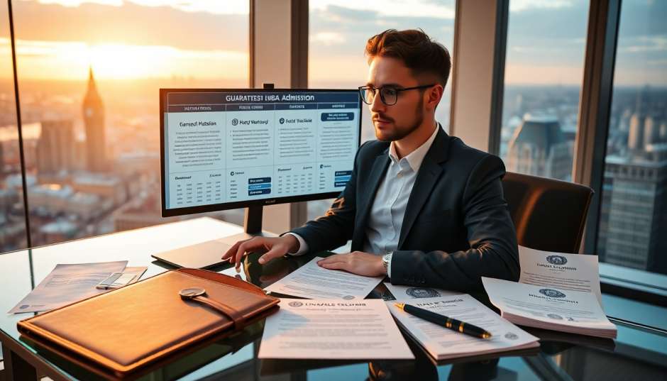 Top Guaranteed MBA Degree Admissions With Fully Funded Study Abroad Education Scholarships And Business Study Courses 2026 corporate finance manager reviewing guaranteed business school admission letters